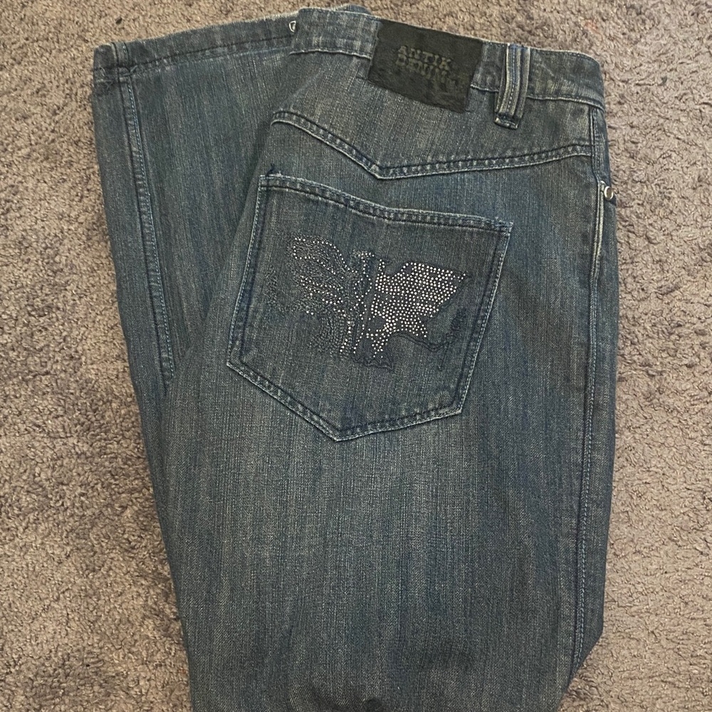Antik Denim Men's Dark Blue Straight Jeans with Rhinestone Pocket Wing